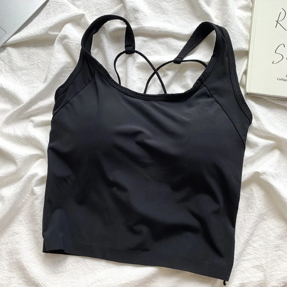Summer Ice Silk Tank Top Women Built In Chest Pad Sleeveless Vest Wide Strap Camisole Cross Back Breathable Shirt