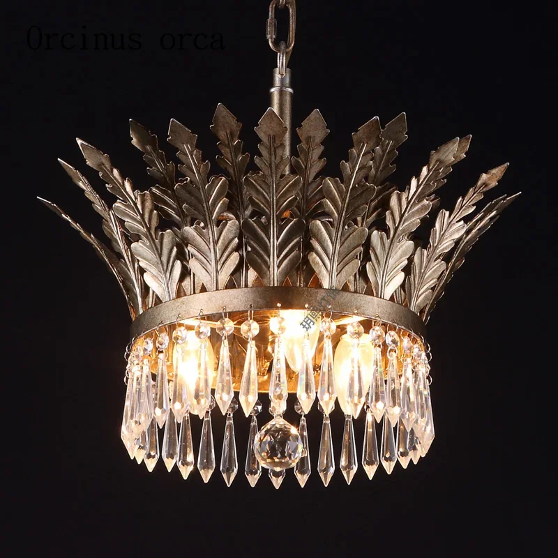 American retro gold crystal chandelier living room corridor restaurant Scandinavian rural iron art LED crown Chandelier