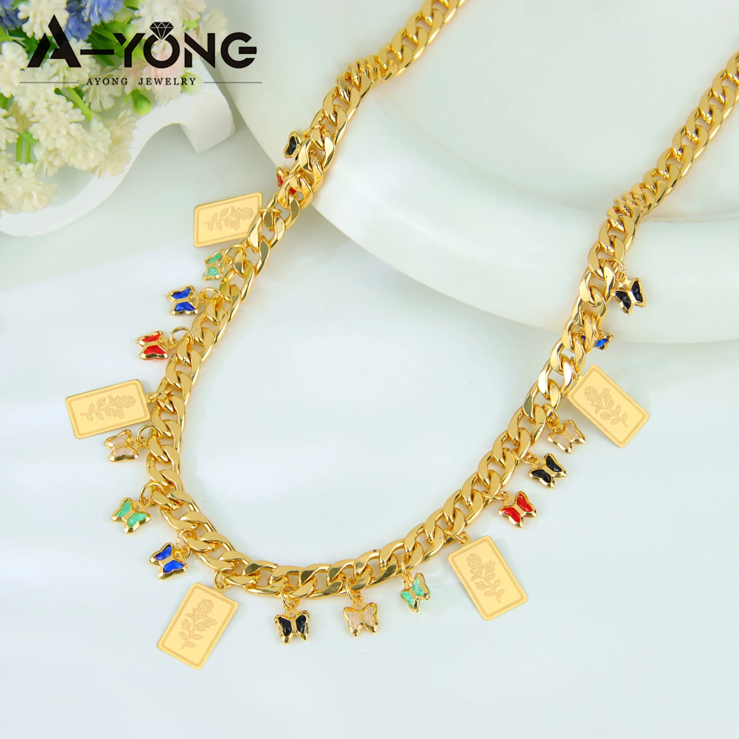 Arabisches Quasten-Blumenschmuckset, 24k vergoldet, elegante Zirkonia-Schmetterlingskette, Armband, Ohrringe, nigerianischer Hochzeitsschmuck – Detail 9