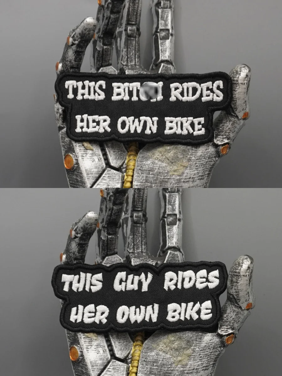 Dieser Typ fährt auf ihrem eigenen Fahrrad, gestickter Aufnäher, Applikation zum Aufnähen, Punk-Biker-Band-Rock-Kleidungsetikett, Klettverschluss oder zum Aufbügeln. – Detail 1