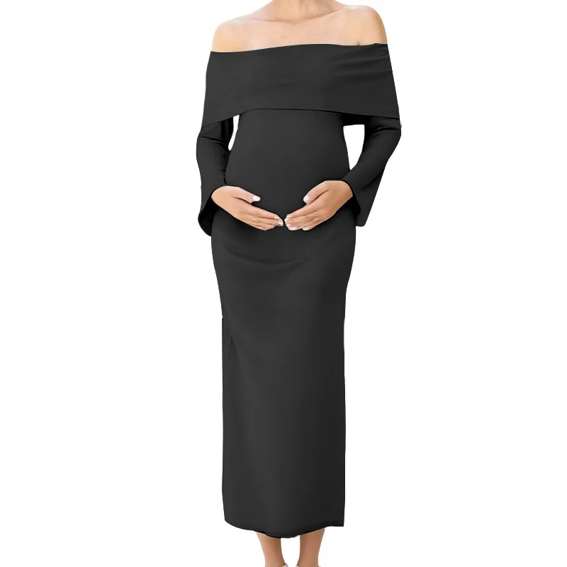 

Maternity Pregnant Women Solid Knitted Dress Off Shoulder Slim Fit Long Sleeve Dresses Spring Autumn Casual Pregnancy Clothing