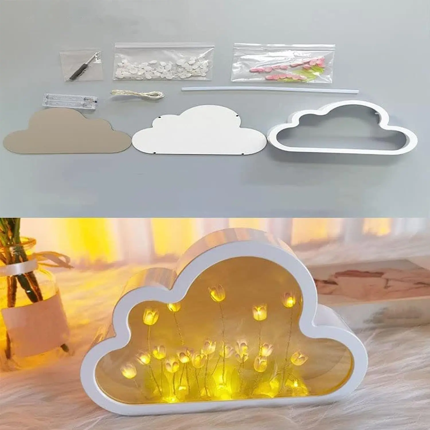 DIY Tulip Night Light Simulation Flower Bedroom Sleeping Table Lamp Home Mirror Decoration Cloud Tulip Mirror Night Light