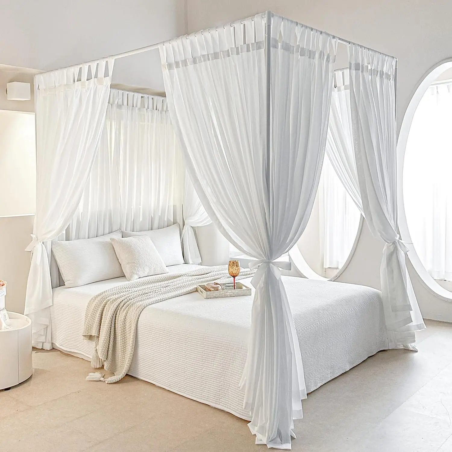 

Canopy Bed Board With Top And Self-Adhesive Strips, White Gauze Princ Bed Canopy Ain Tent, Creating A Romantic Atmosphere In