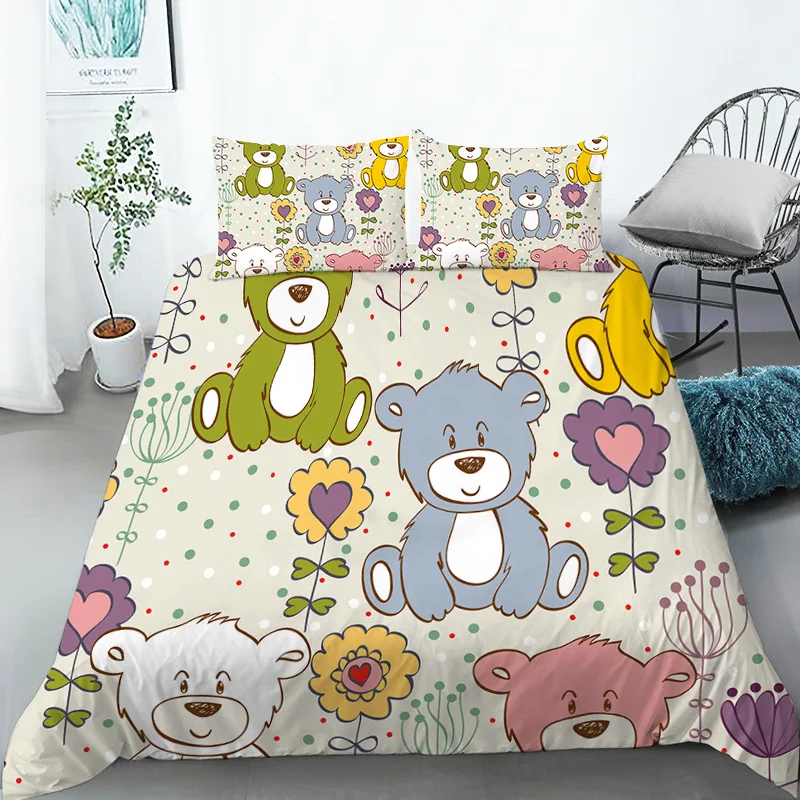 Funny Cartoon Animals Duvet Cover With Pillowcases Bear Chicken Rabbit Lions 3D Print Toddler Bedding Set For Kids Teens Decor