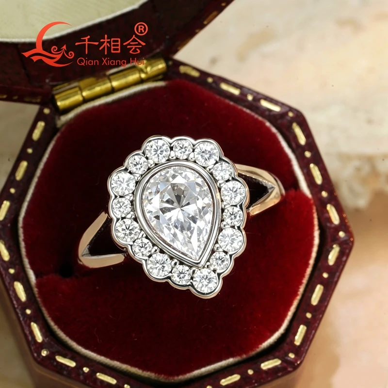 925 Sterling Silver Moissanite Ring  Round/Oval/Pear/Heart Cut, 6.5/6x8/7mm,  Yellow Gold Plated Option, Halo Engagement Ring view 2