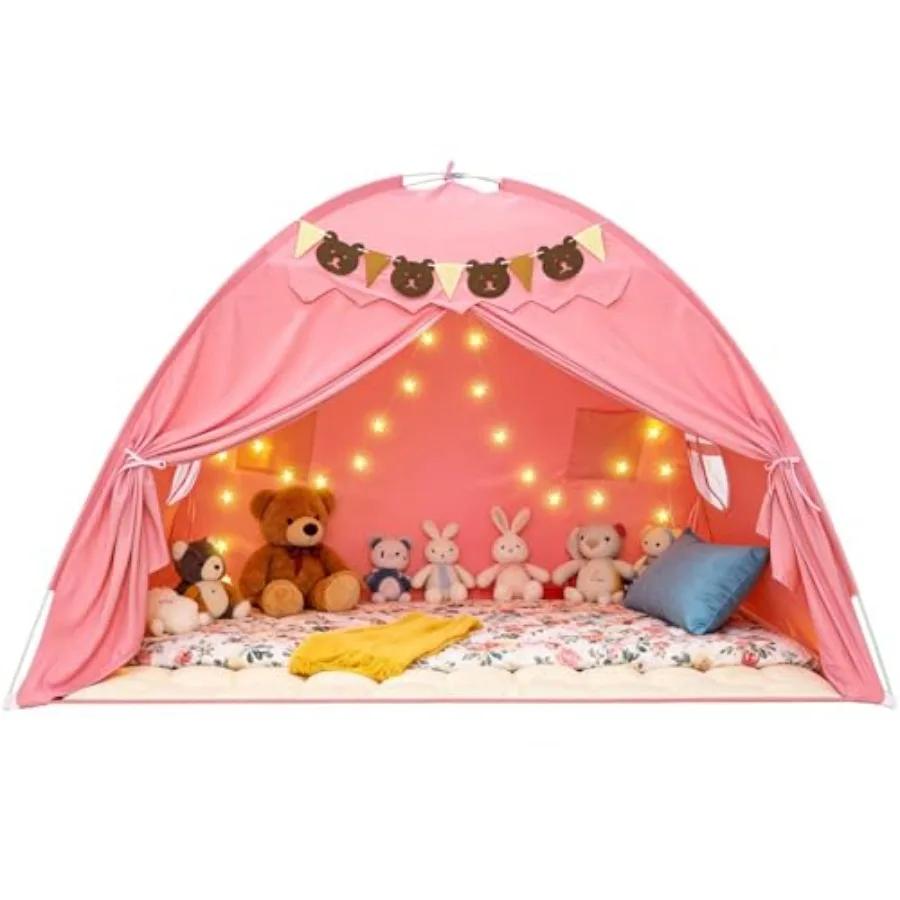 

Full Size Bed Tent for Girls Bedroom Canopy Dream Playhouse Breathable Sleeping Tent Privacy Space Pink with Stars Light and Fl