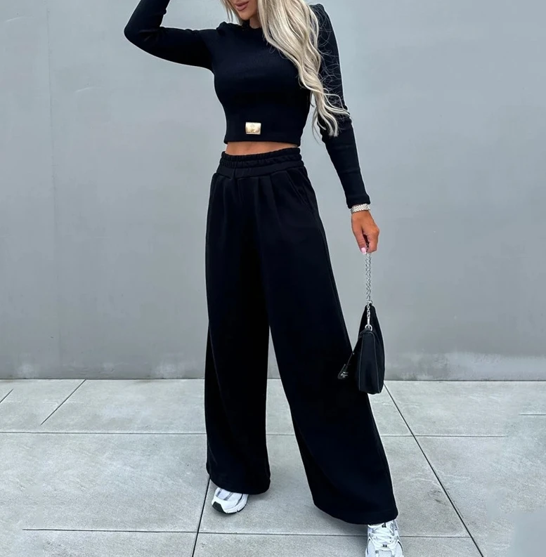 Two Piece Sets Women Outfit 2024 Spring Temperament Minimalist Solid Color Skinny Long Sleeved Top and Straight Pants Set