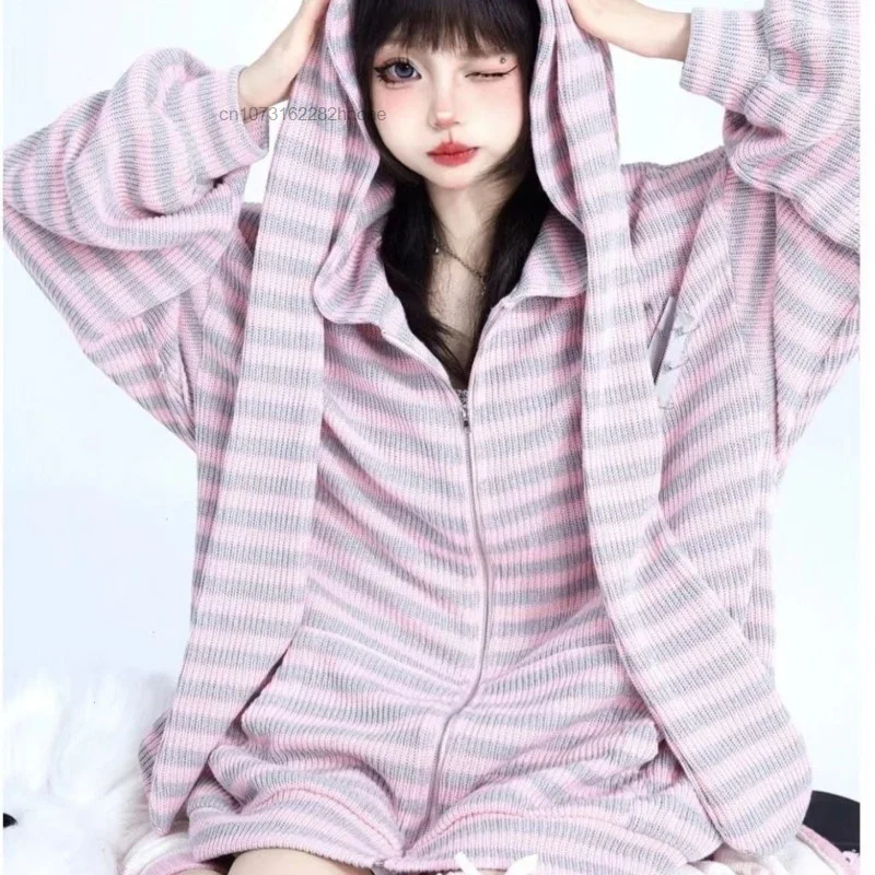 Y2k Harajuku 2023 Autumn New Cardigan Sweater Cute Loose Stripe Rabbit Ear Knitted Hoodie Aesthetic Hooded Knitwear Top Girl Yk2