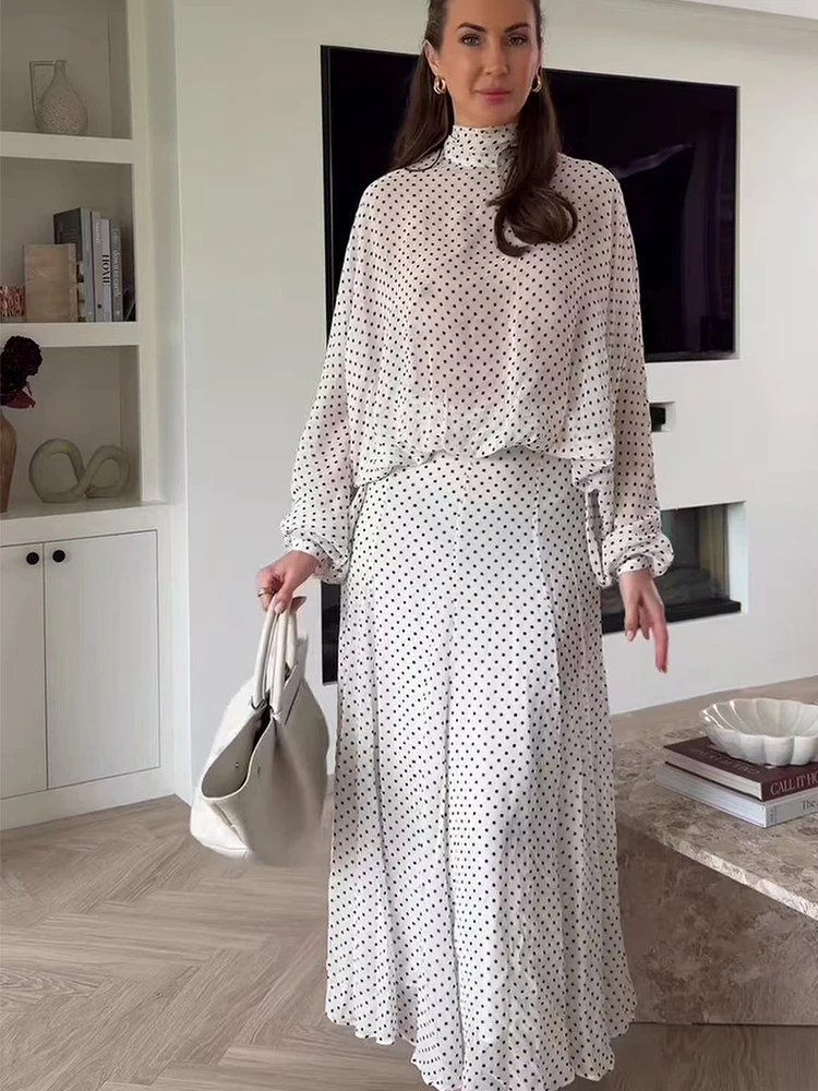 2026 Neues Damen Trendiges Polka-Dot-Rock-Set mit Schleife, Transparente Schleifenbluse, Langer Rock, Modisch Elegant Lässiges Frühling-Sommer-Set