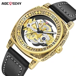 AOCASDIY High-end Brand New Men's Watch Fashion Retro Carved Roman Numerals Dial Square Men Double-Sided Hollow WaterProof Watch