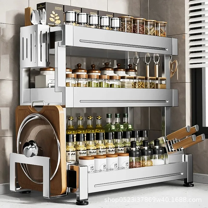 2026 New Stainless Steel Kitchen Multifunctional Shelf Countertop Seasoning Shelf Seasoning Oil Bottle Storage Rack