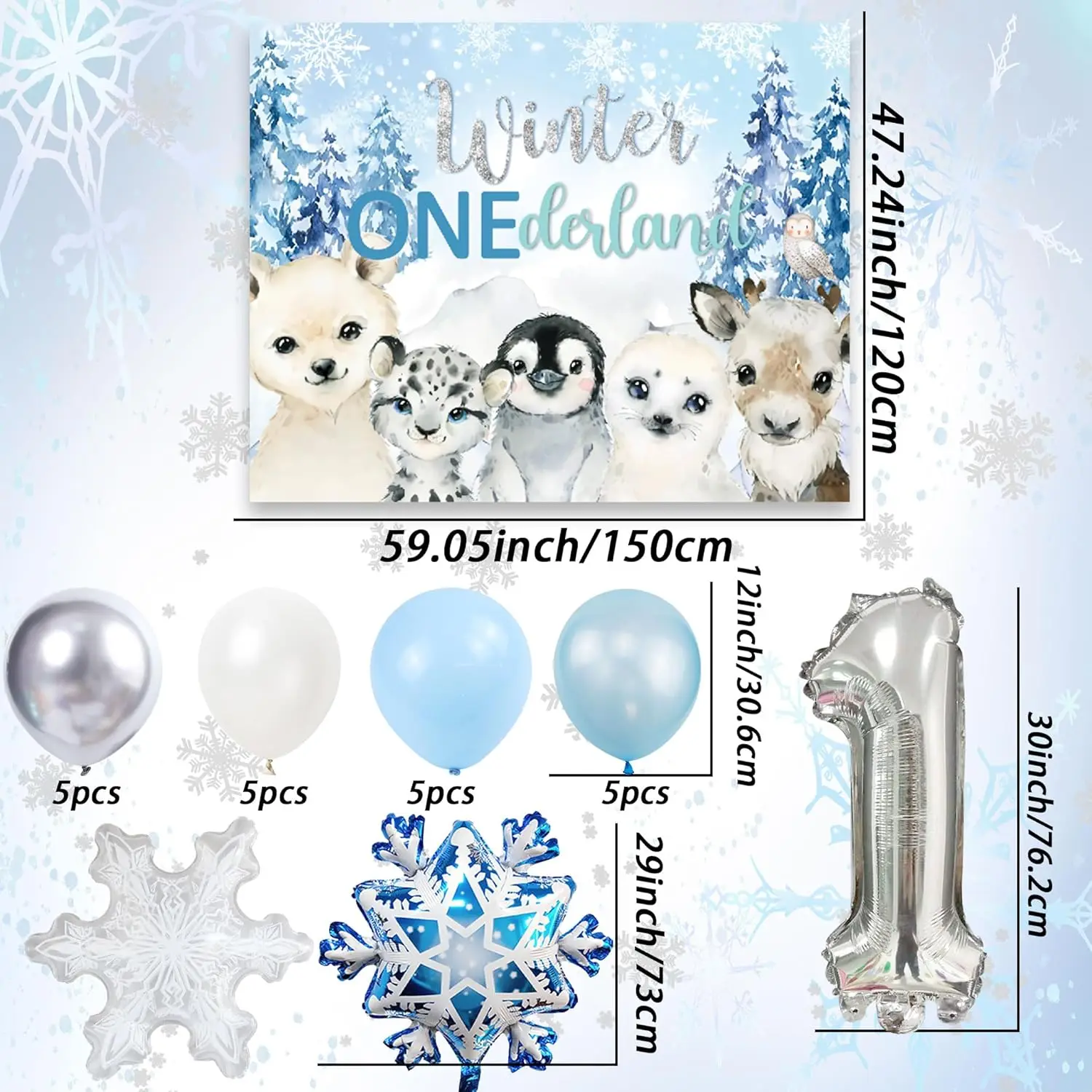 Laventy Winter Onederland 1st Birthday Decoration Snowflake First Birthday Party Backdrop Penguins Number Foil 1 Balloons