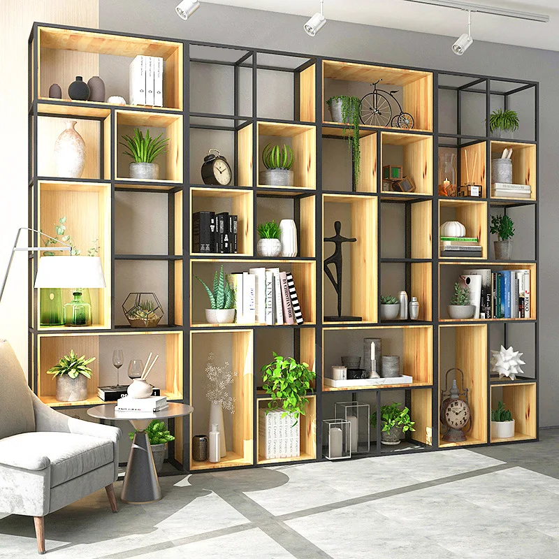 Office wrought iron partition shelves floor-to-ceiling multi-layer solid wood lattice