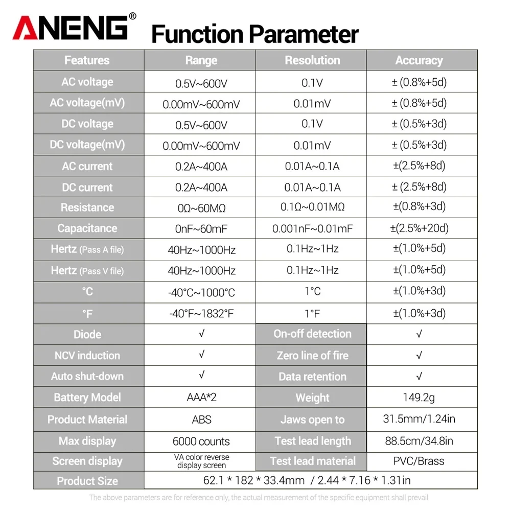 Aneng St212 Digitale Klem Meter 6000 Telt Multimeter 400a Ac/Dc Stroomversterker Meter Kleurenscherm Spanningstester Auto Hz Ncv Ohm