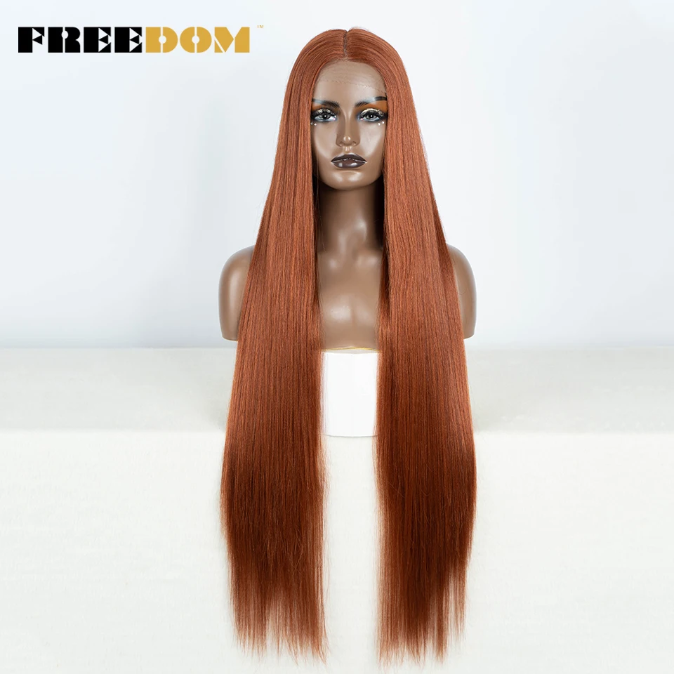 VRIJHEID Rechte Synthetische Kant Voor Vrouwen 38 Inch Lange Ombre Bruin Rood Blond Hoogtepunt Kant Frontale Pruiken Cosplay Pruik