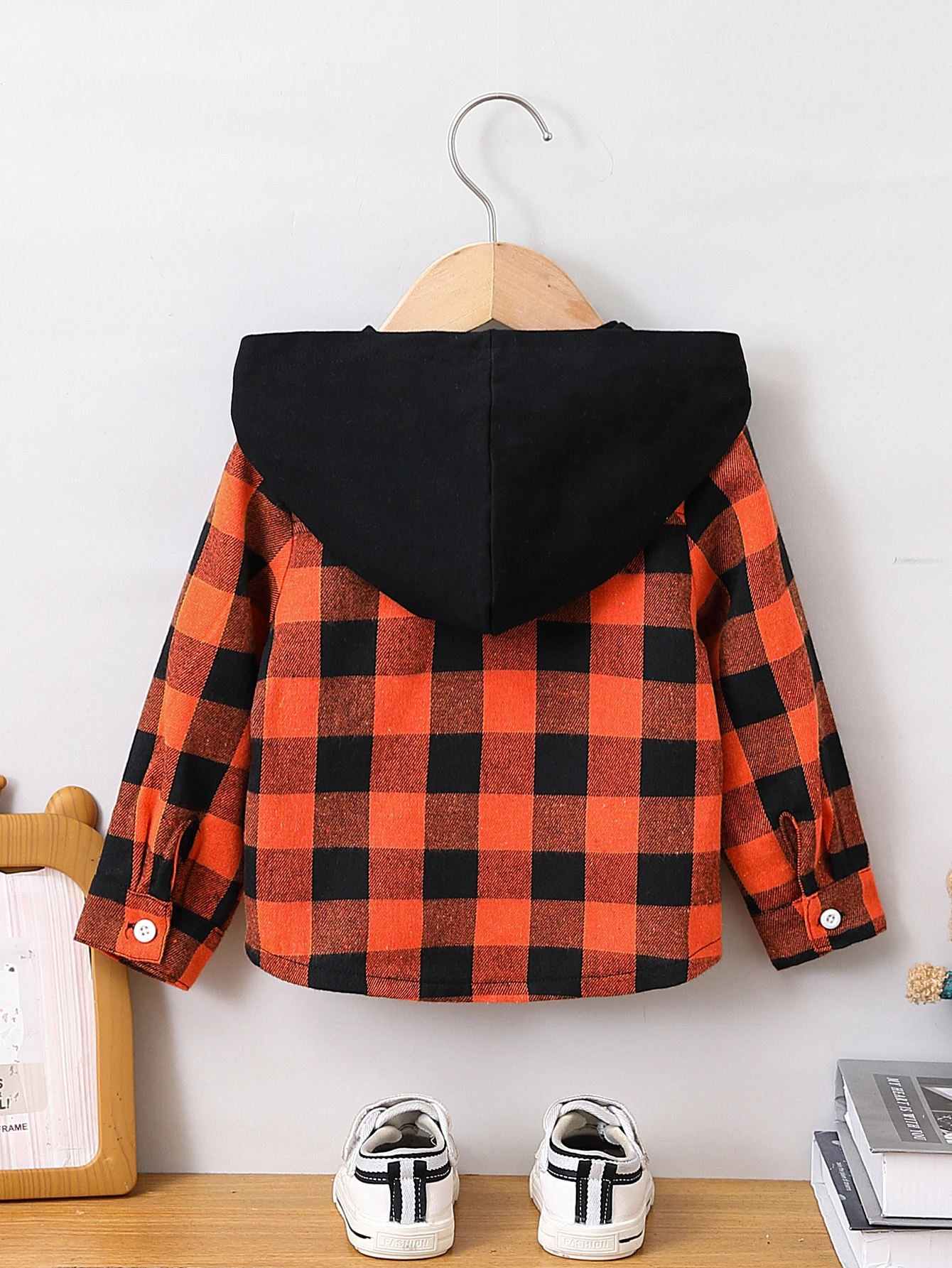 Children's Orange And Black Plaid Shirt Casual Vintage Style Button-Up Loose Fit Comfortable Versatile Single Piece