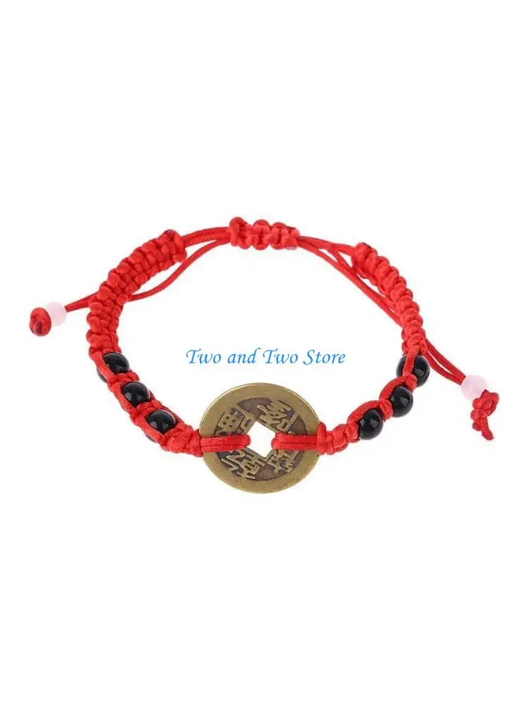 HX6F Adjustable Braided Red String Copper Coin Pendant Bracelet Gift for Couples