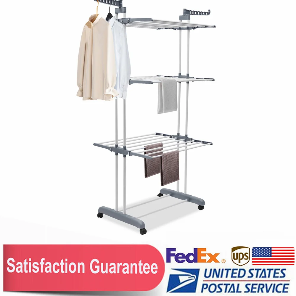 

4-Tier Clothes Drying Rack Folding Clothes Rail Rack Metal Laundry Garment Dryer Stand with Two Side Wings Grey