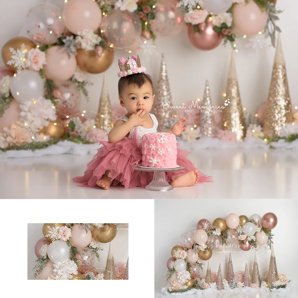 Rose Gold Sparkle Floral Backdrops Kids Baby Photography Child Cake Smash Photocall Decors Spring Floral Balloons Backgrounds