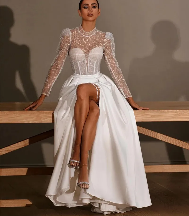 2024 Luxury Wedding Dress O-neck Long Sleeves Top Sequins High Slip Lace Appliques Sweep Train Bridal Gowns Vestidos De Novias