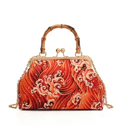 2024 autunno New Bamboo Joint Handbag stile cinese Retro Sea Wave Print borsa da sera per le donne borsa a tracolla a catena in metallo Crossbody