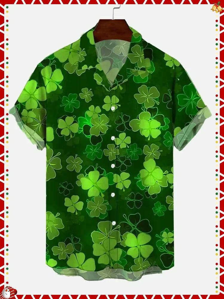 Full-Print Green St. Patricks Day Lucky Four-Leaf Clover Printing Cuban Collar Men's Short Sleeve Shirt