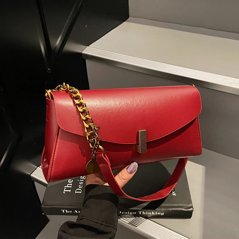 

French Style Elegant Underarm Bag Red Wedding Purse Sling Bag Women Solid Color Pu Leather Handbag Shoulder Bg Ladies Armpit Bag