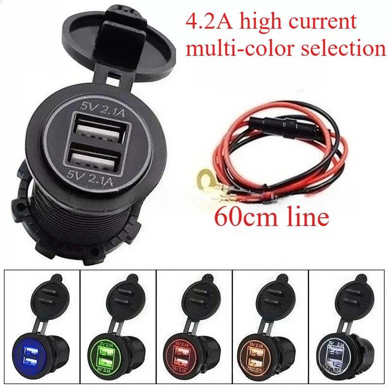 12V-24V Wiring HarnessUSB Outlet Dual USB Car Charger Waterproof Cigarette Lighter Socket Mount Power Adapter 5V2.1A for Car