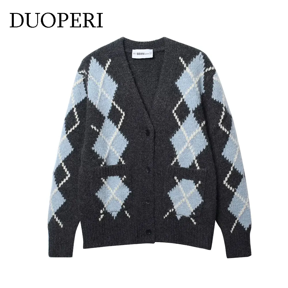

DUOPERI женский кардиган модный клетчатый вязаный свитер повседневный с v-образным вырезом и длинными рукавами женский элегантный шикарный женский наряд