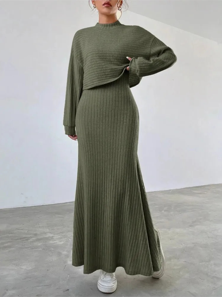 

Woman's Knitted Vest Dress + Pullover Two-piece Set Autumn Winter Fashion O-neck Long Sleeves Top Suit Lady Elegan Skirt Outfit