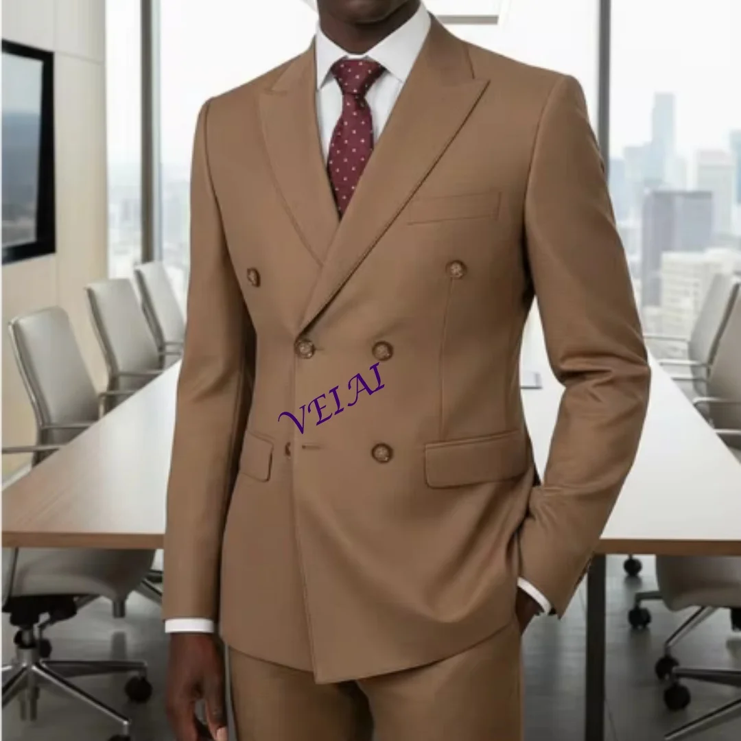 

CustomizedElegant brown Double Breasted Suit Set 2 Piece Business Wedding Outfit Classic Stylish Blazer Pants Modern Trendy