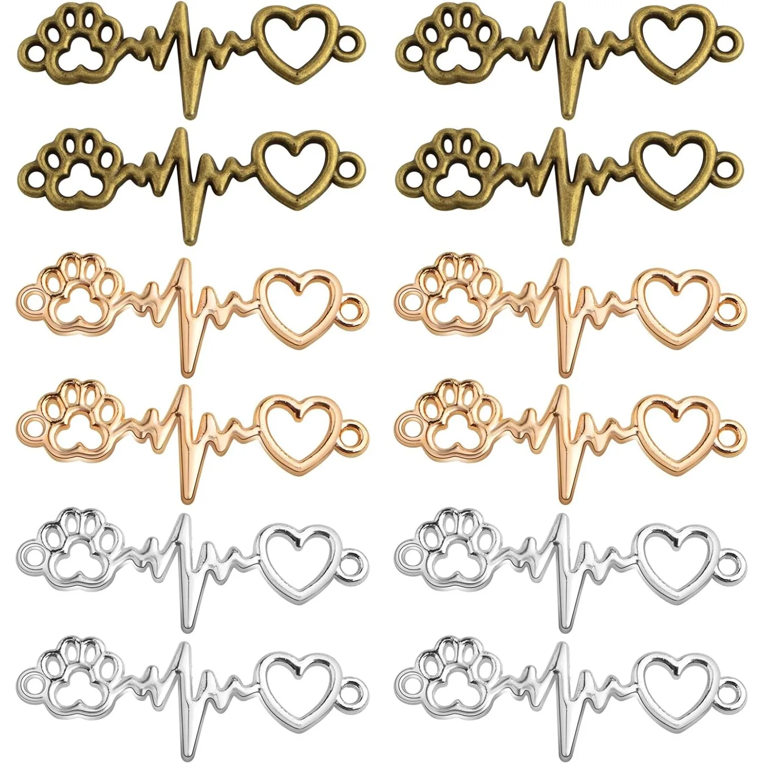 

60pcs Dog Paw Print Heart Beating Charm Connectors Animal Footprint Lifeline Pulse Heartbeat Pendant Links for DIY Bracelet
