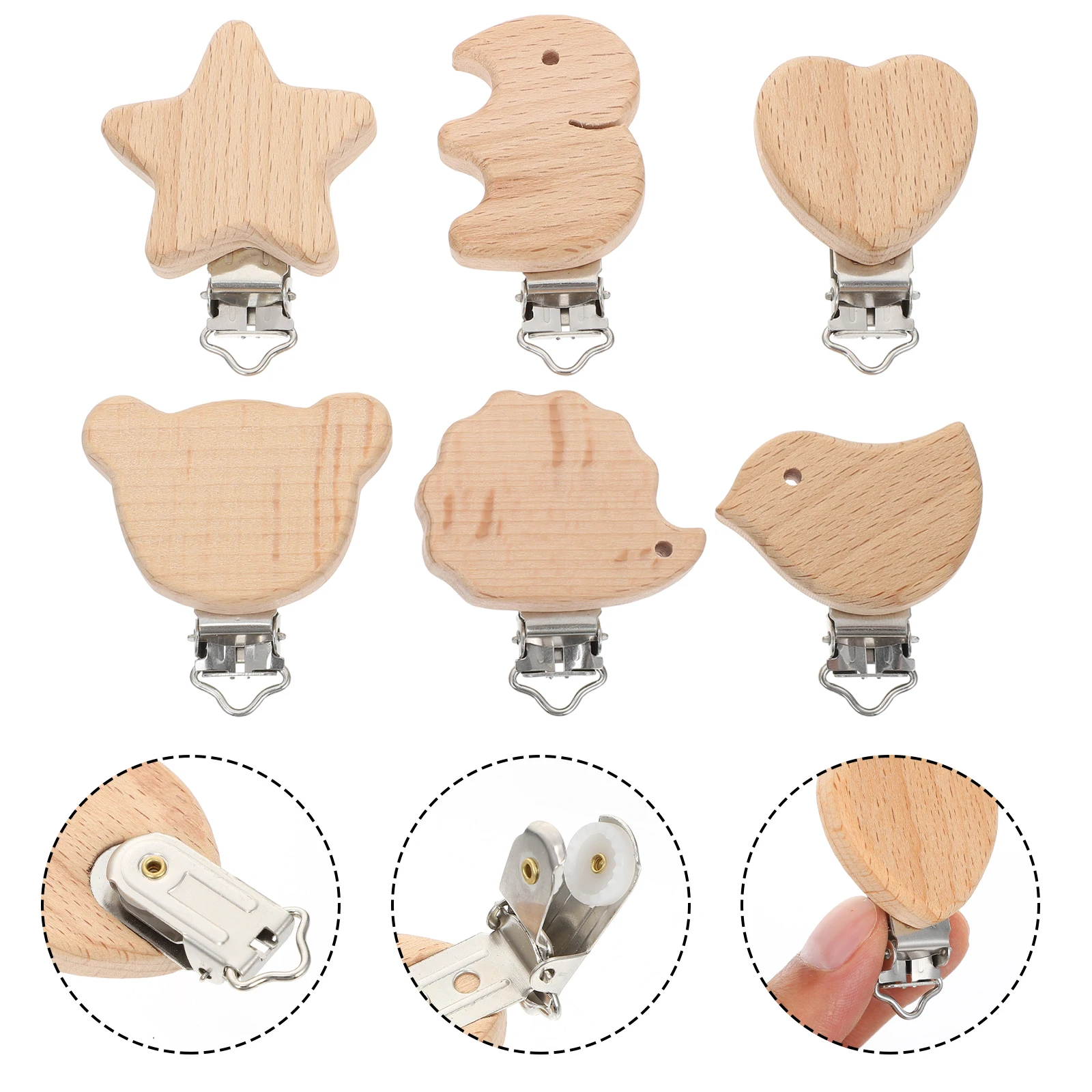 

6Pcs Beech Baby Pacifier Clips Cartoon Animal Shape Safe Durable Infant Teether Holder Pacifier Chain Accessories