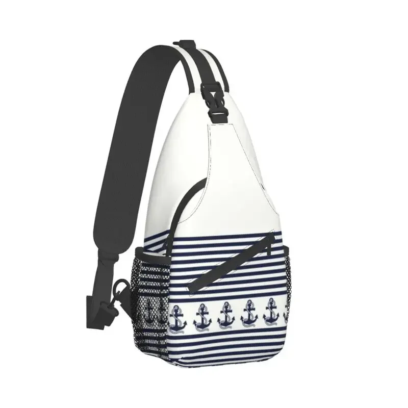 Nautical Stripes With Navy Blue Anchor Sling Bag for Cycling Camping Sailing Sailor Crossbody Chest Backpack Shoulder Daypack