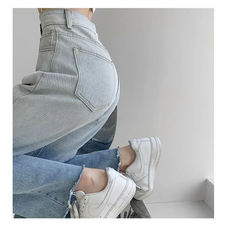 European and American Style Gradient Jeans Women's High Waist Straight Leg Wide Leg Pants Summer Loose Retro Perforated Pants