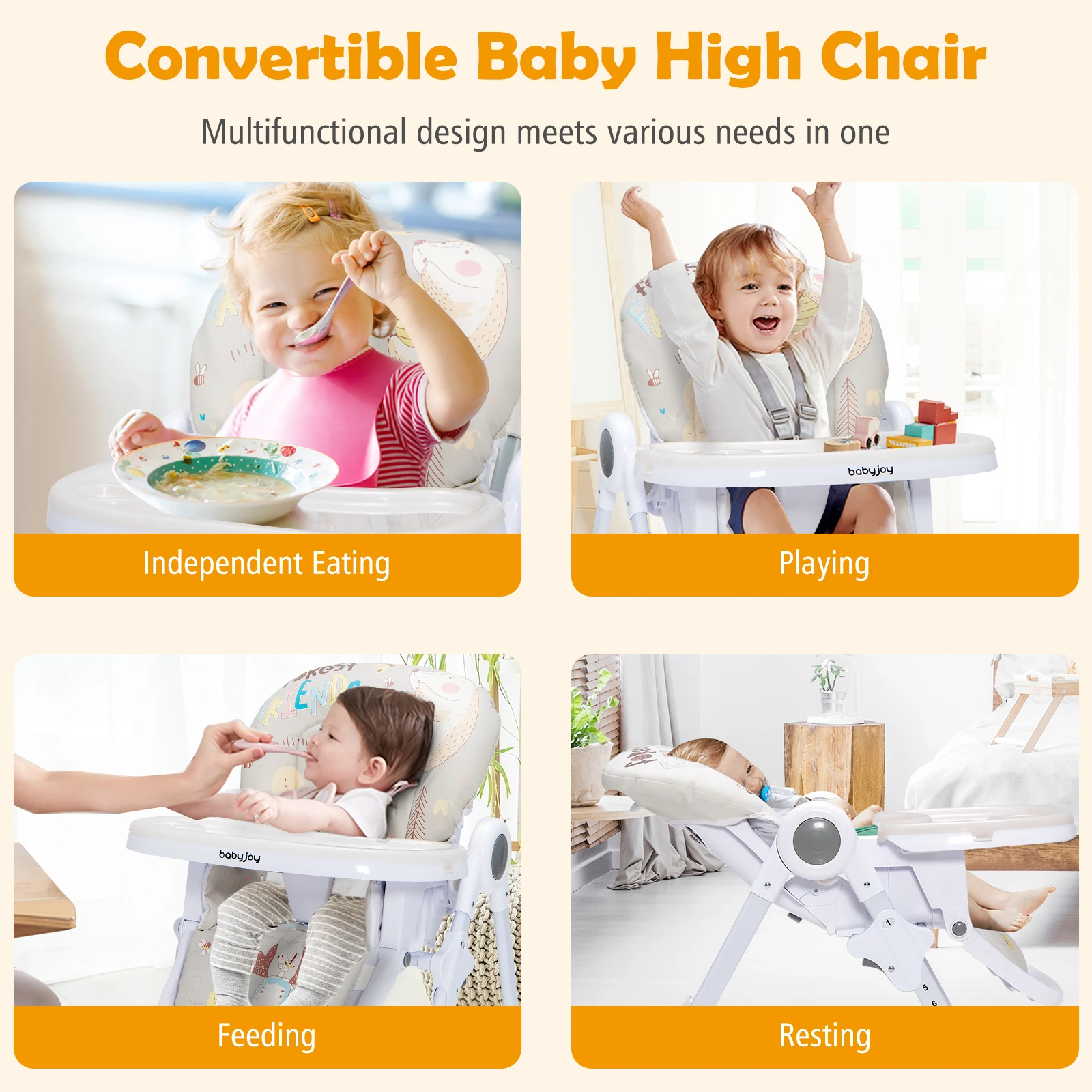 Baby High Chair Folding Feeding Chair W/ Multiple Recline & Height Positions