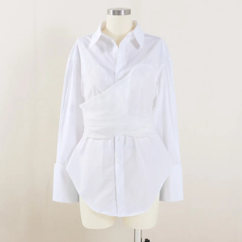 Chemise mi-longue à col taille haute pour femme, en coton organza, fermeture éclair au dos, y2k, haute qualité, à la mode, nouvelle collection automne