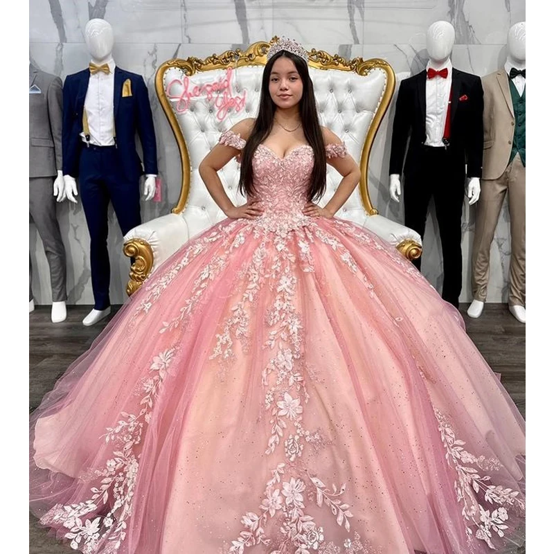 

Elegant Pink Sweetheart Ball Gown Quinceanera Dresses Off-Shoulder Vestidos De 15 Anos Formal Party Gown Corset Back Prom Wear