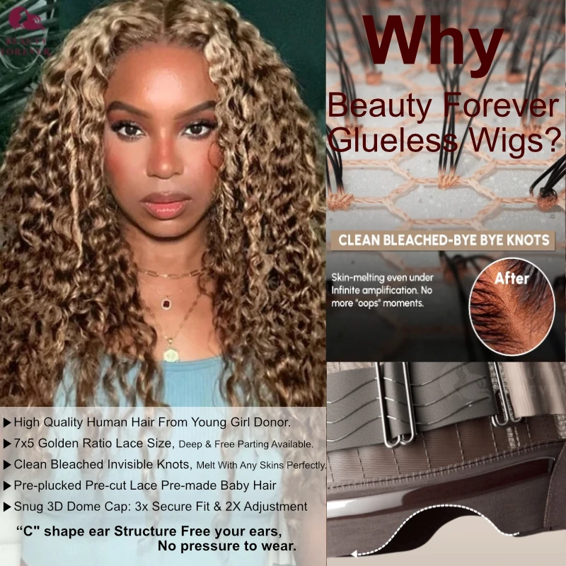 Beauty Forever Bye Bye Knots Curly Glueless Human Hair Wig Ready to Wear Invisible Knots Highlight Color Lace Front Wig 180%