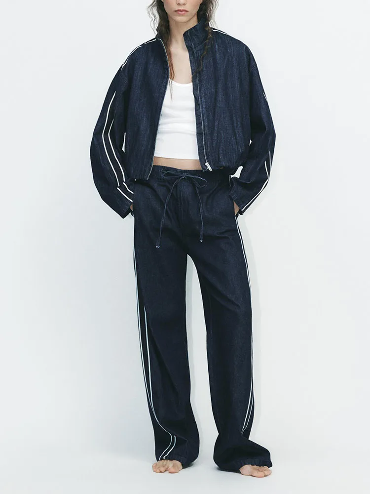 

Новое весеннее поступление, женские джинсовые джинсы в полоску в стиле пэчворк с боковыми ремешками, длинный комплект Sve Faion ZA2025 6929075 69290