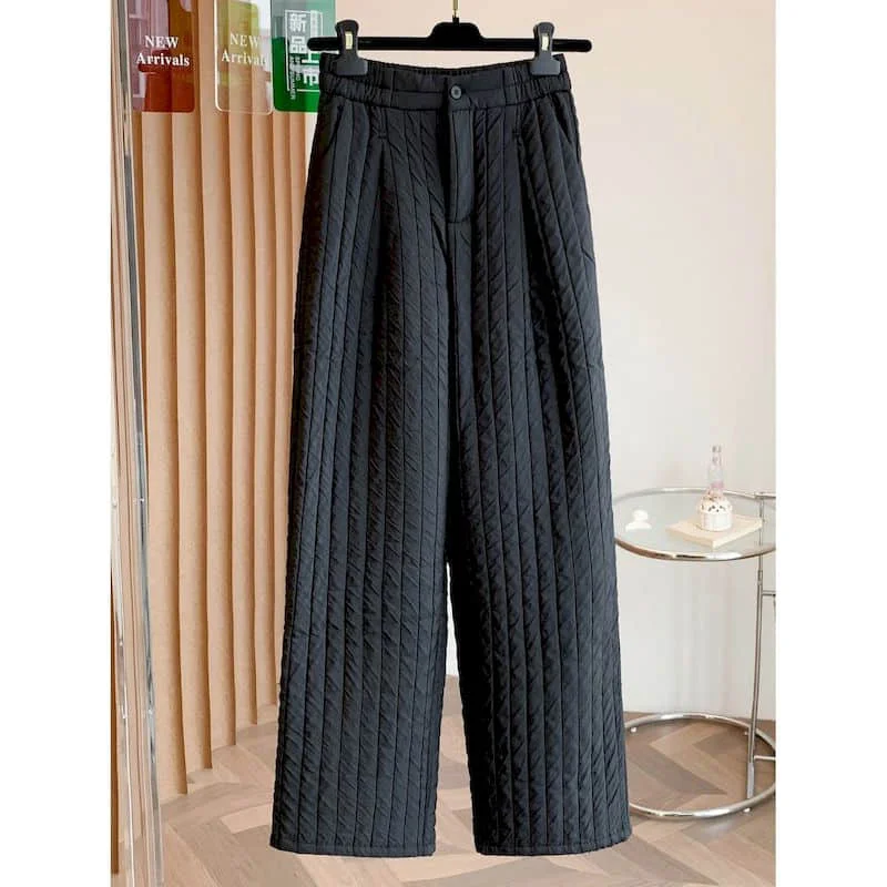 Straight-leg Pants Black Quilted Vintage Casual 2026 Autumn Winter Korean Style Lightweight Padded Elastic Waist Women Clothing