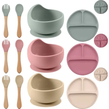 Plats d'alimentation en Silicone pour bébé, plaque d'aspiration pour enfants, bol à ventouse, fourchette en bois, ensemble de cuillères, vaisselle d'entraînement pour tout-petits sans BPA