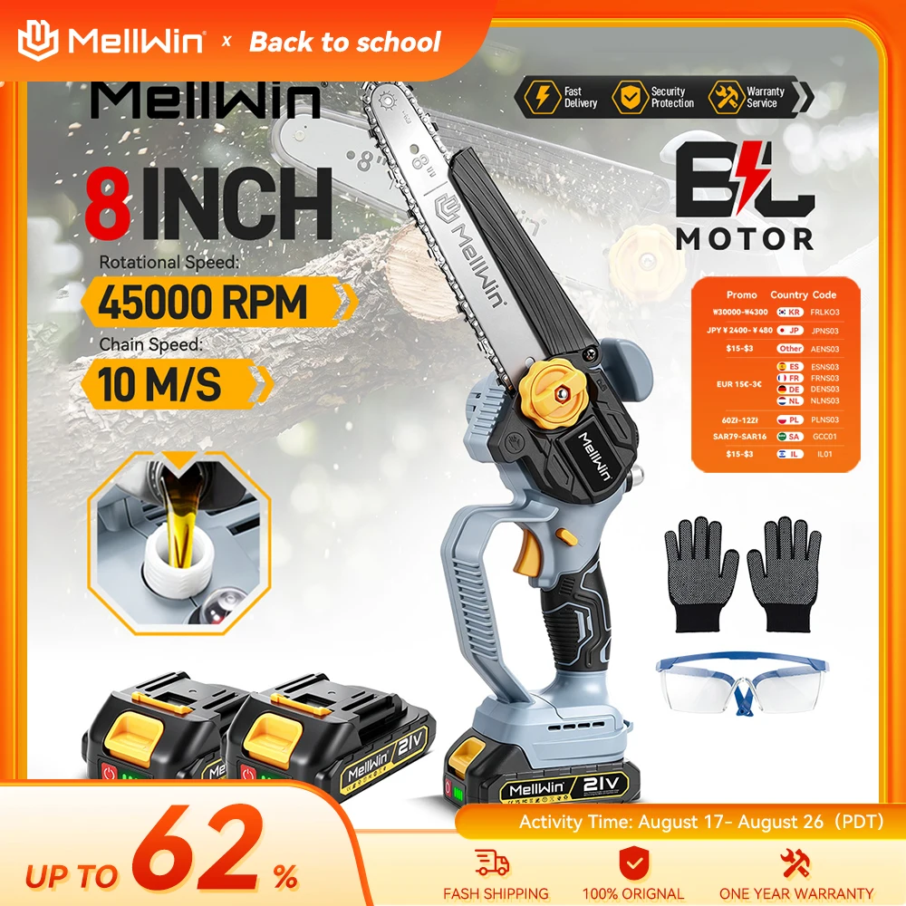 MELLWIN Electric Chainsaw 8 Inch Automatic Oiler Cordless Garden Wood Cutting Logging Pruning Saw Tool for Makita 18V Battery Pin