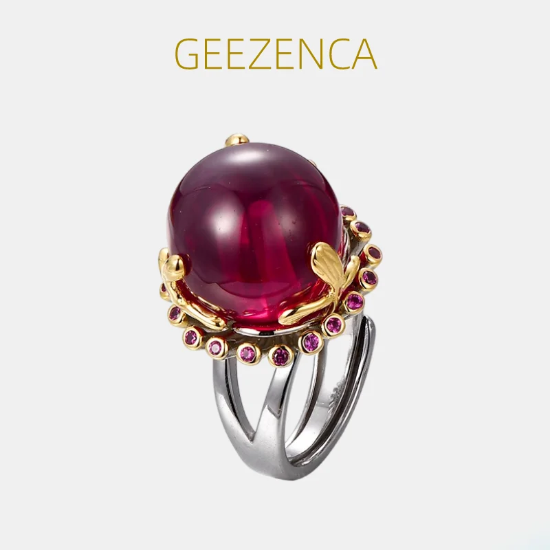 

GEEZENCA Corundum 925 Silver Two Tone Plated Resizable Rings For Women Red Stone Exaggerated Large Luxurious Ring 2023 New Gift