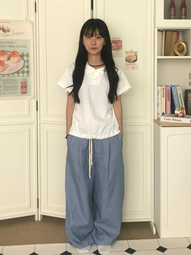 Coréen Sle doux col de poupée ort Sve irt femmes Faion collège Sle bois ain été nouveau haut mince coupe ample