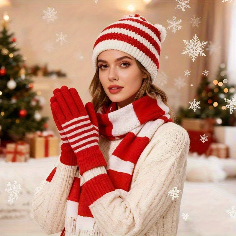

1 комплект рождественской шапки, перчатки + шарф, теплая шапка-бини в полоску, перчатки в полоску для женщин и мужчин, рождественская праздничная одежда