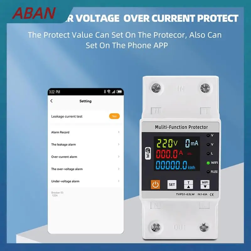 ABAN 63A TUYA Wifi Smart Earth Leakage Over Under Voltage Protector Relay Circuit Breaker Energy Power Kwh Meter
