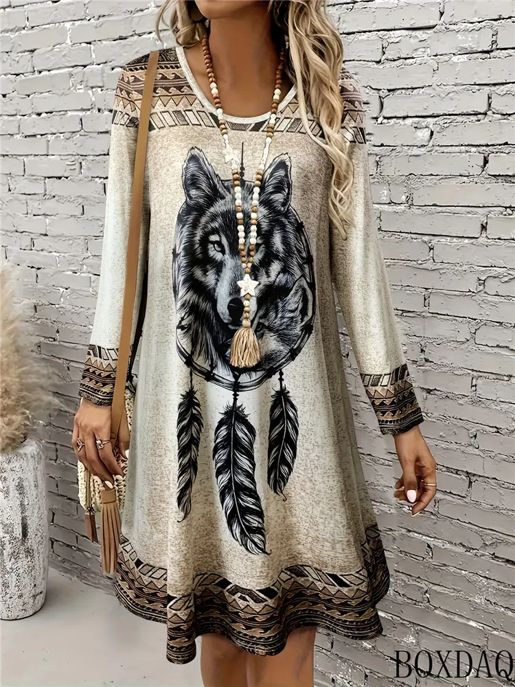 Women's Retro Loose Dresses 2026 Autumn Long Sleeves Round Neck Animal Dreamcatcher Pattern Ethnic Style Print Casual Dress