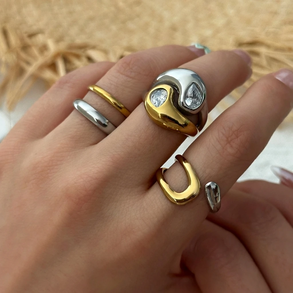 3-teiliges Minimalistisches Zweifarbiges Geometrisches Ringset aus Edelstahl mit Kubischem Zirkonia, Stapelbare Statement-Ringe für Frauen, Tägliches Tragen – Detail 6