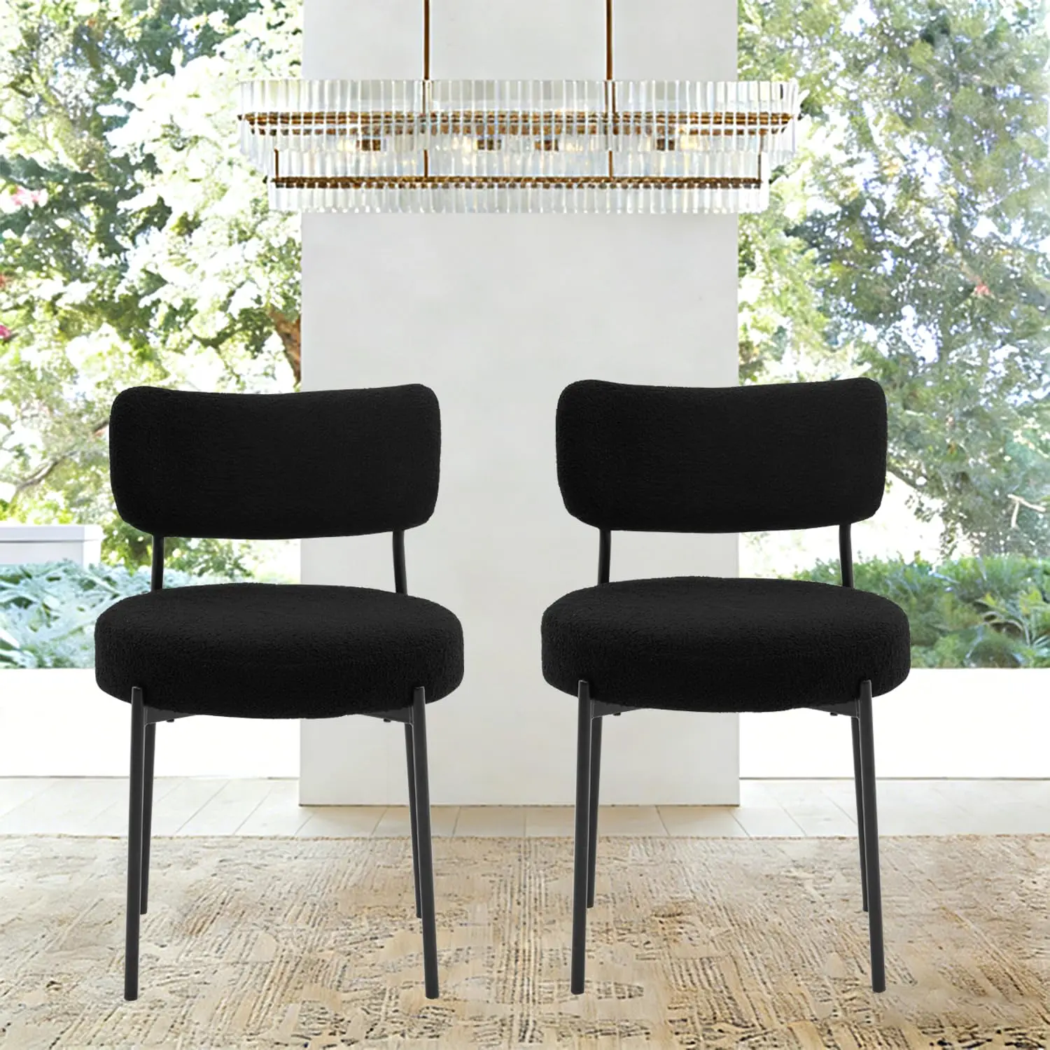 

Black Boucle Curved Back Upholstered Dining Chairs Set of 2 Mid Century Metal Leg Kitchen Living Room, Customized